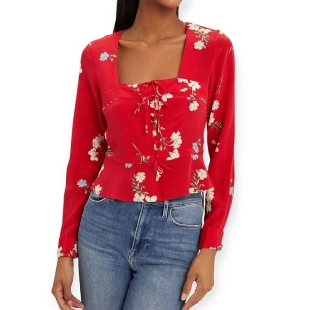 New INTERMIX Pia Red Floral Silk Blouse,‎ Size 6